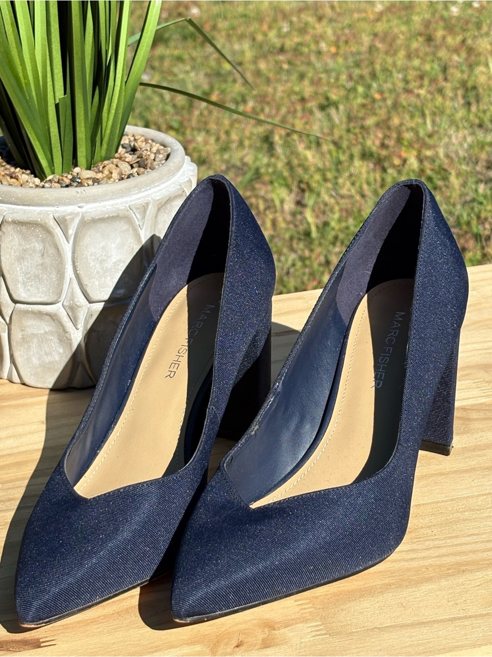 Marc Fisher Navy Pointed Block Heel Pumps